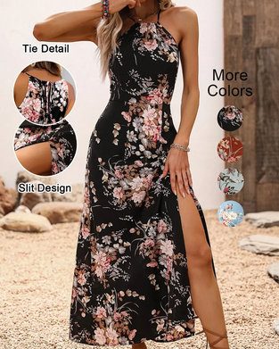 Robe Halterneck Fente Tailleur Imprimé Fleuri
