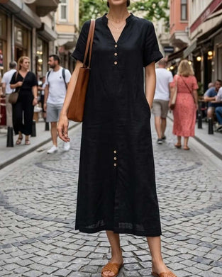 Robe Col V Manche Courte Bouton