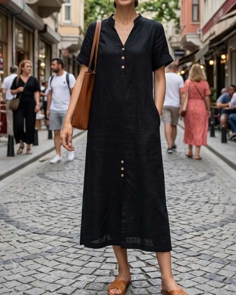 Robe Col V Manche Courte Bouton