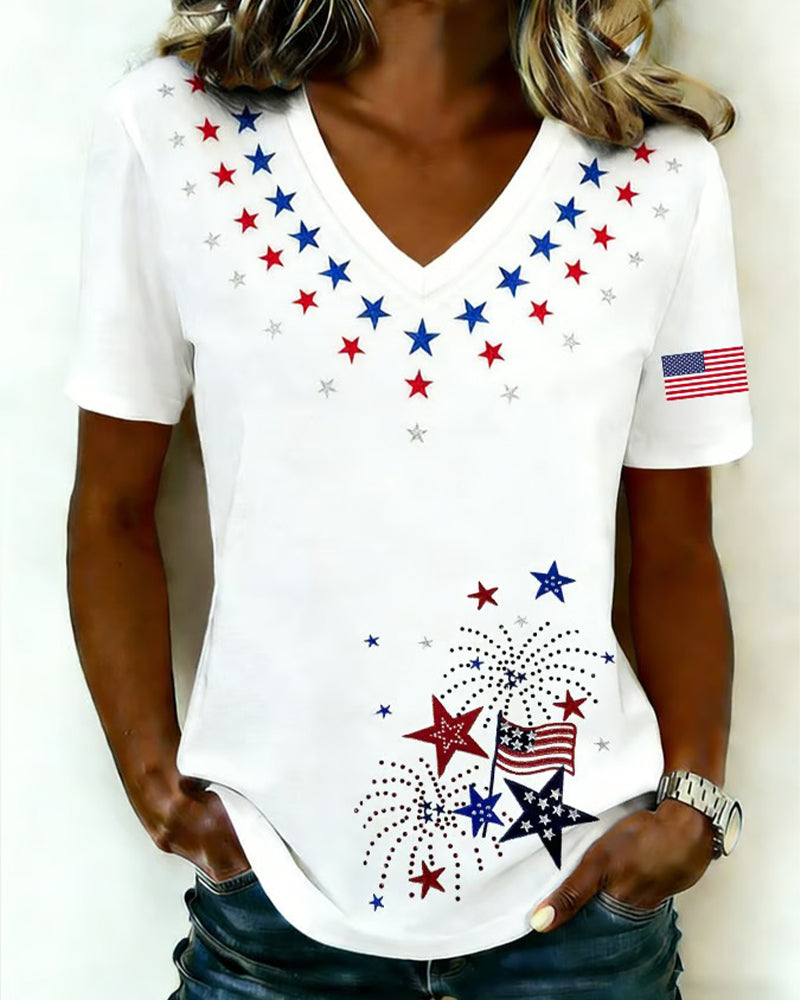 T-Shirt Col V Imprimé Décontracté