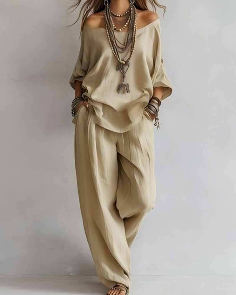 Ensemble Off-Shoulder Pantalon Large Deux Pièces