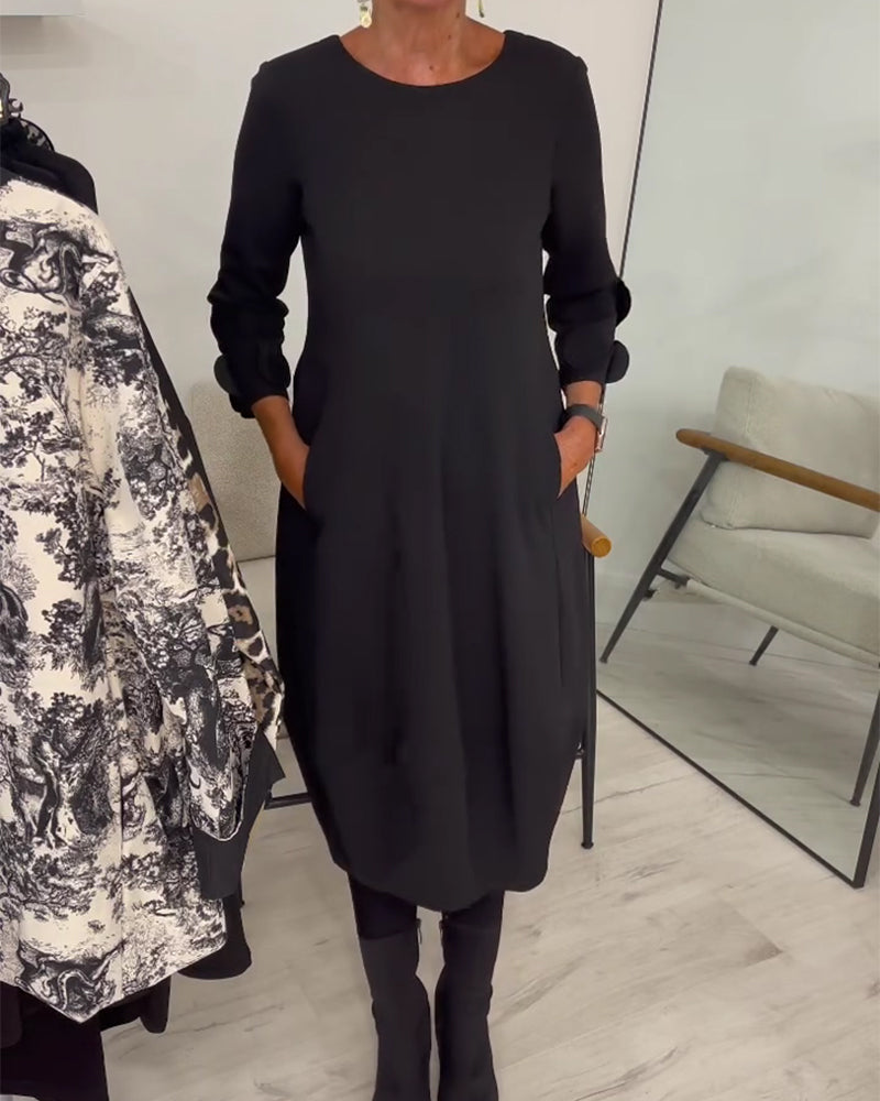 Robe Col Rond Coupe Loose Drapée Décontractée