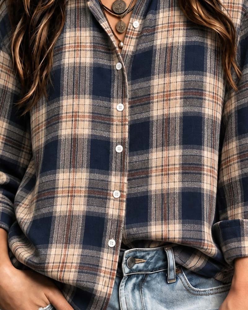 Blouse Col À Carreaux Manches Longues