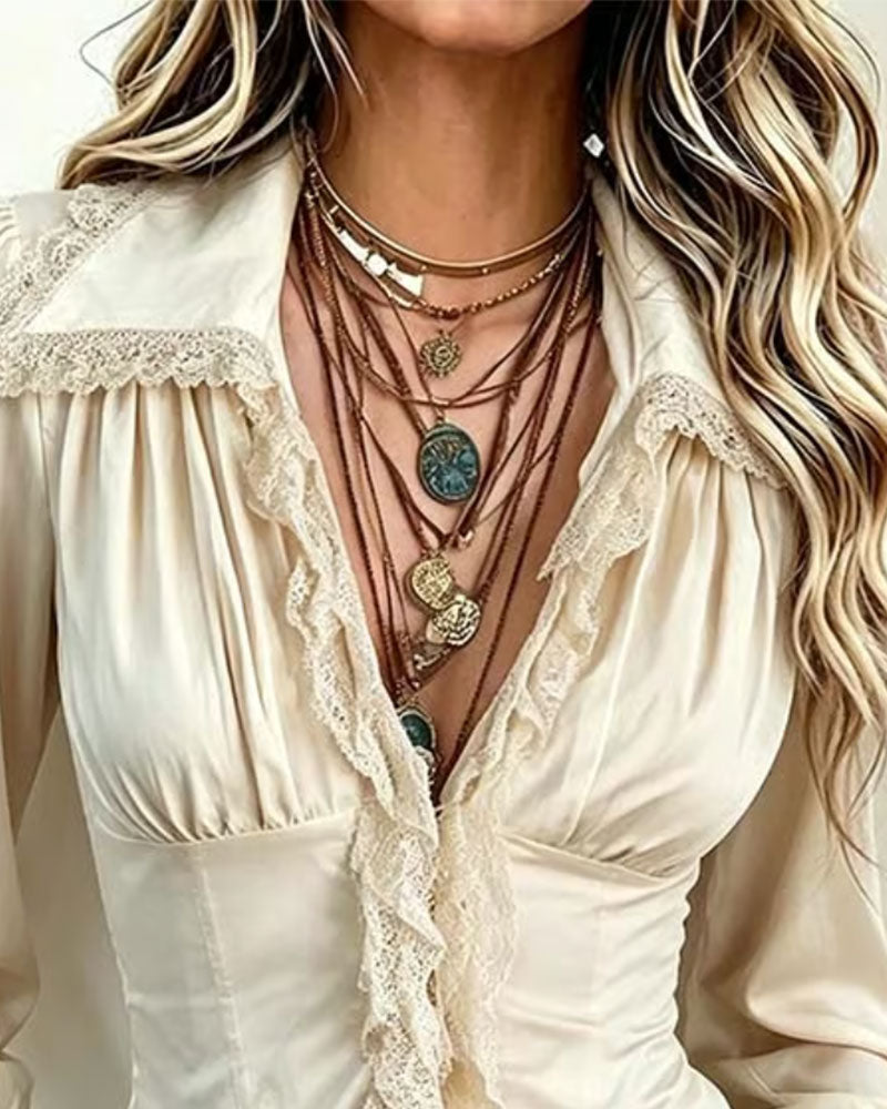 Blouse Col Dentelle Épissé Manches Longues