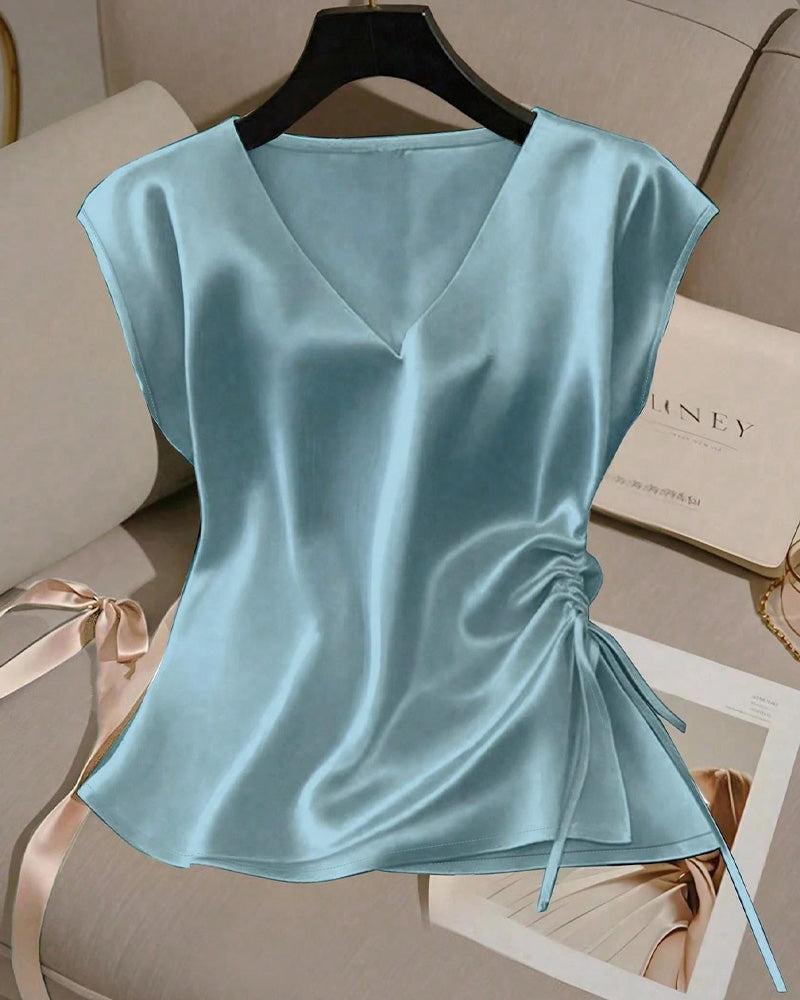 Blouse Sans Manches Col V À Cordon