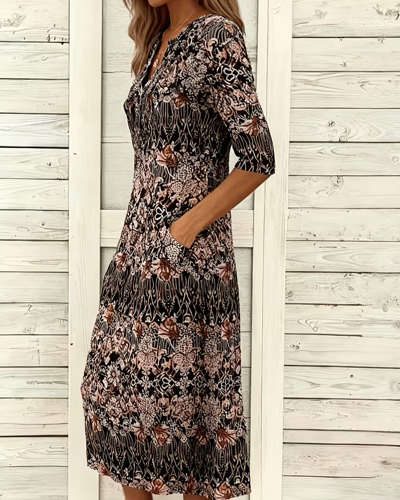 Robe Col V Imprimé Patchwork Demi‑manche