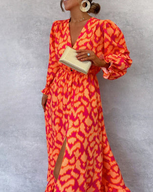 Robe élégante à manches bouffantes et fente boutonnée avec col imprimé