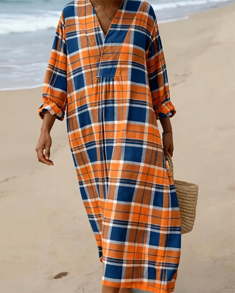 Robe Large À Col En V À Carreaux