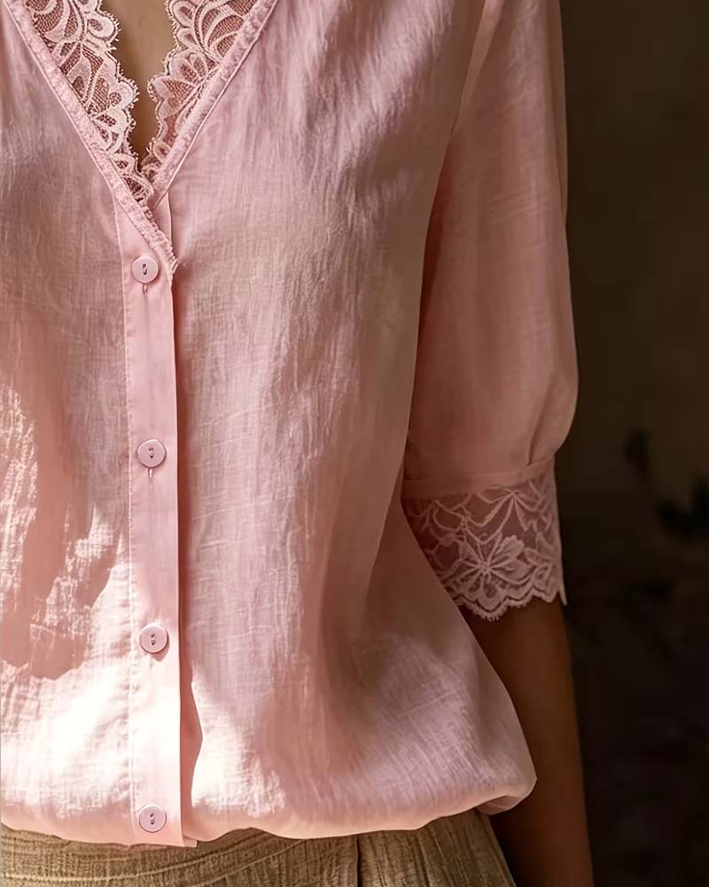 Blouse Col V Dentelle Patchwork Unie Manche Trois Quarts