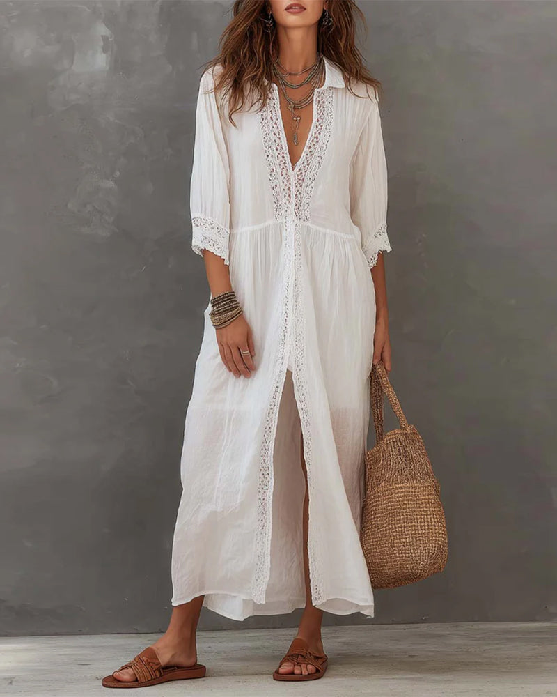 Robe Manches Courtes Dentelle Garniture Revers Longue