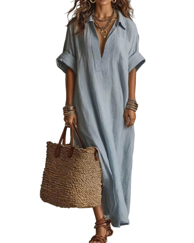 Robe Lâche Unie Manche Courte Maxi