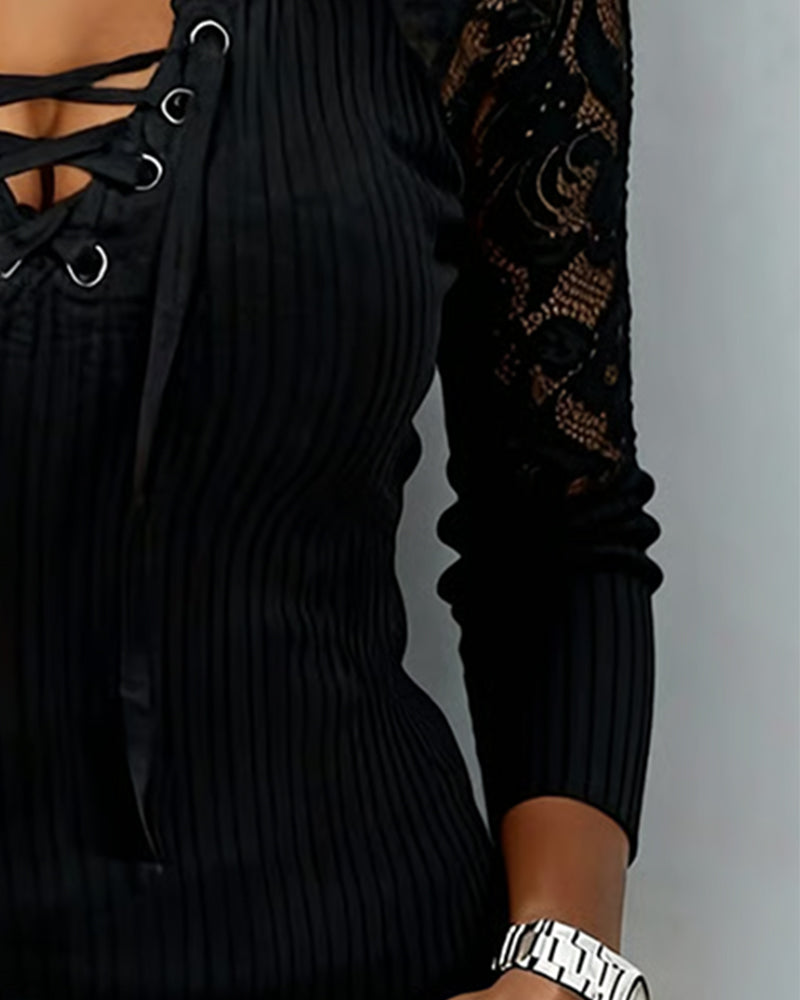 Blouse Dentelle Raglan Cravate Manche Longue