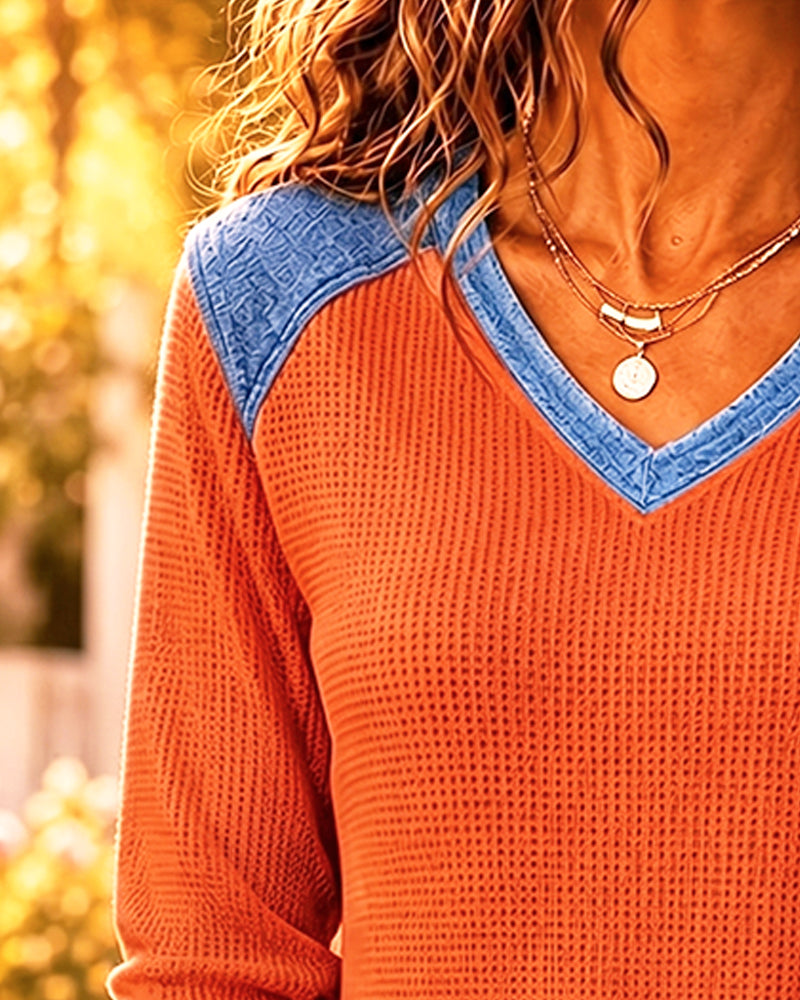 Blouse Décontractée Col En V Patchwork Denim