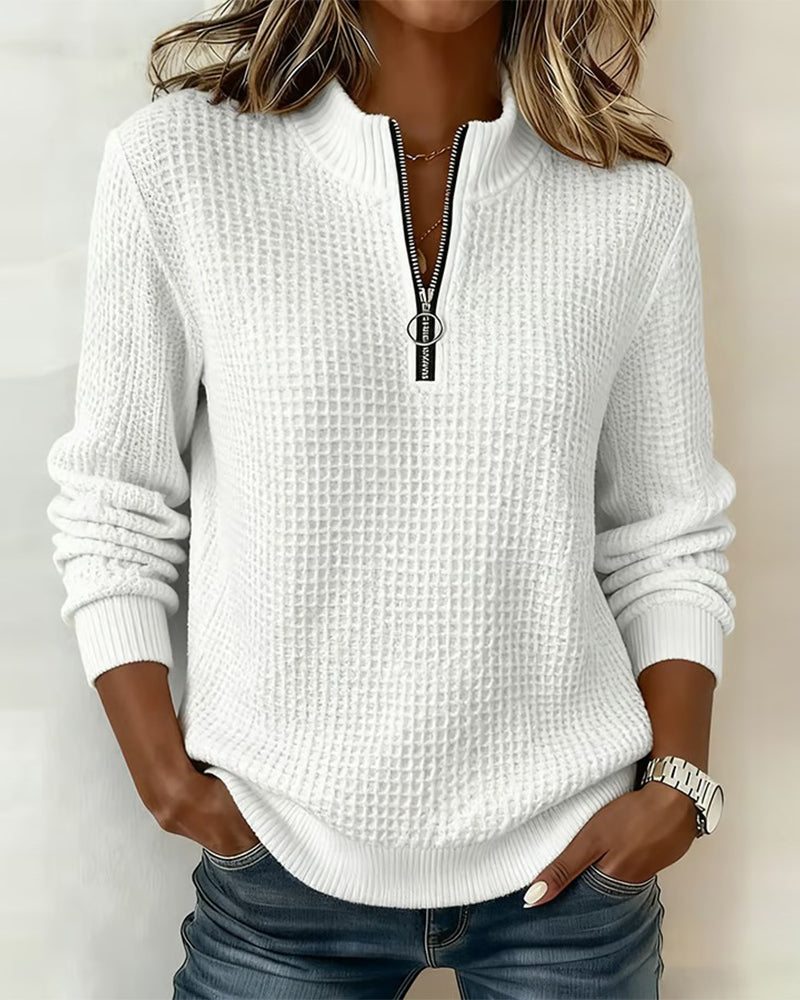 Sweatshirt Col-Debout Fermeture Éclair Manche-Longue Gaufrier
