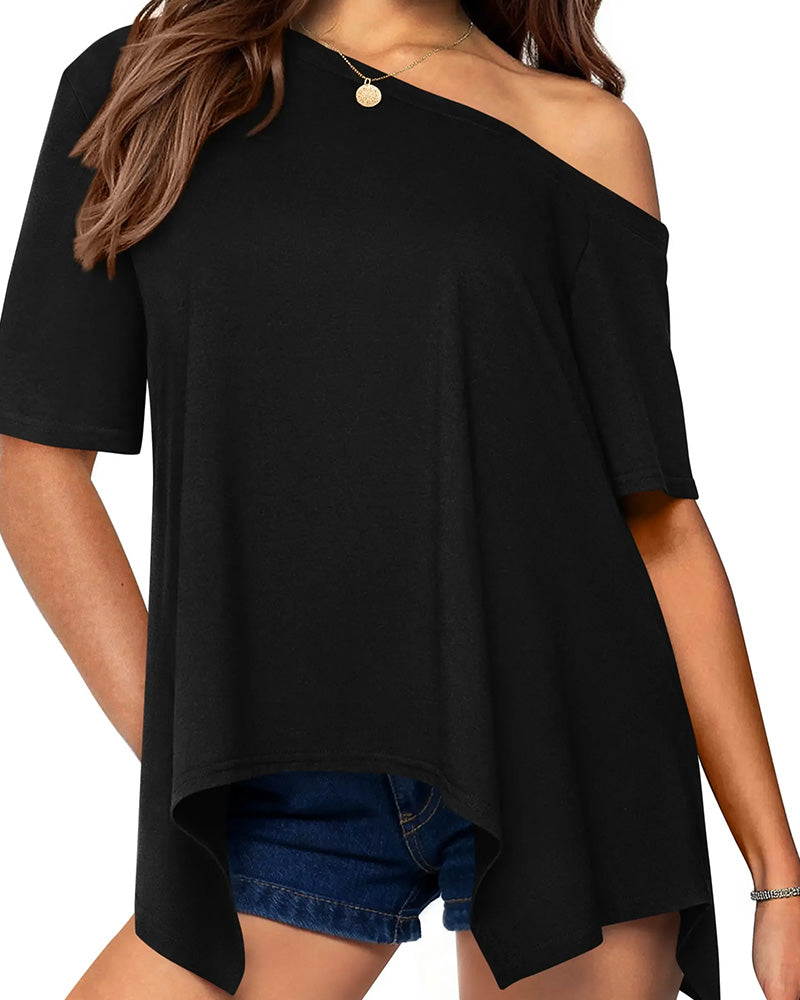 T-Shirt Asymétrique Hors Épaule Manches Courtes