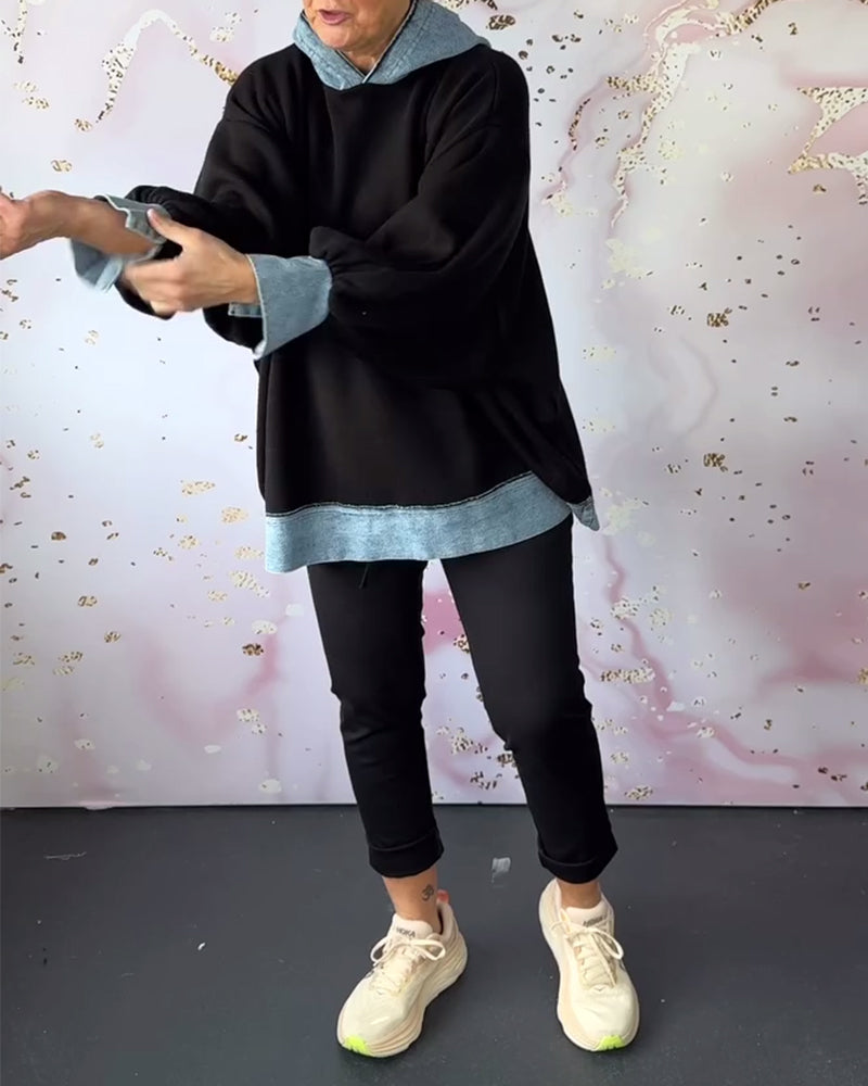 Sweat à capuche décontracté à manches lanternes de couleur contrastée