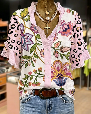 Blouse Col V Contraste Imprimé