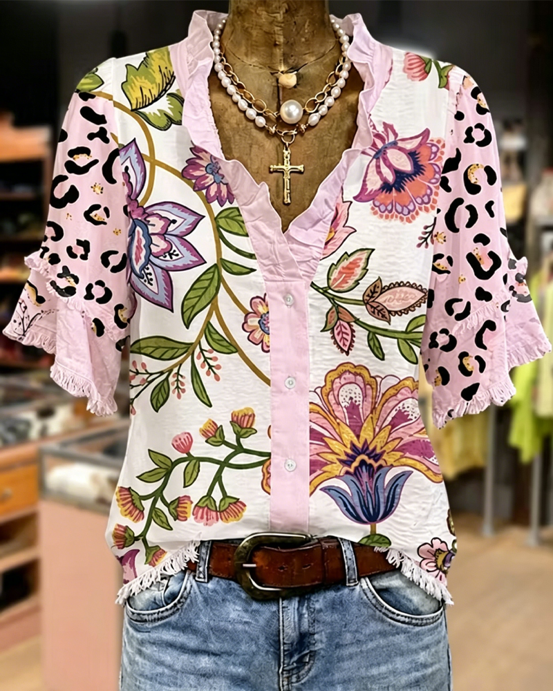 Blouse Col V Contraste Imprimé