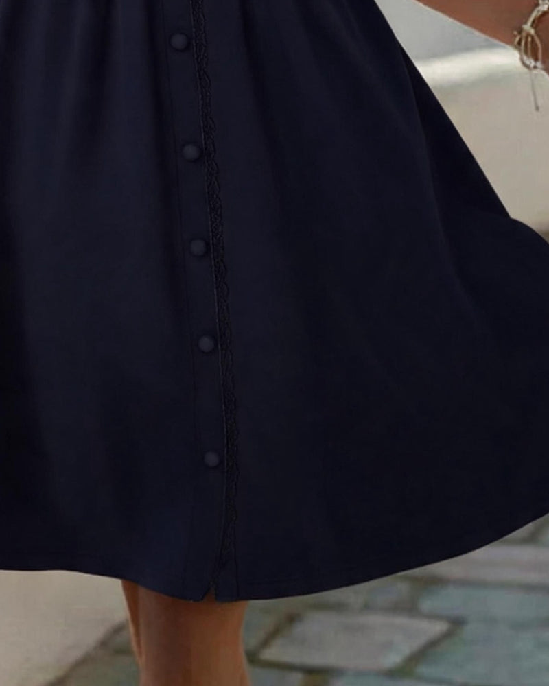 Robe Col V Bouton Froncée Dentelle Patchwork