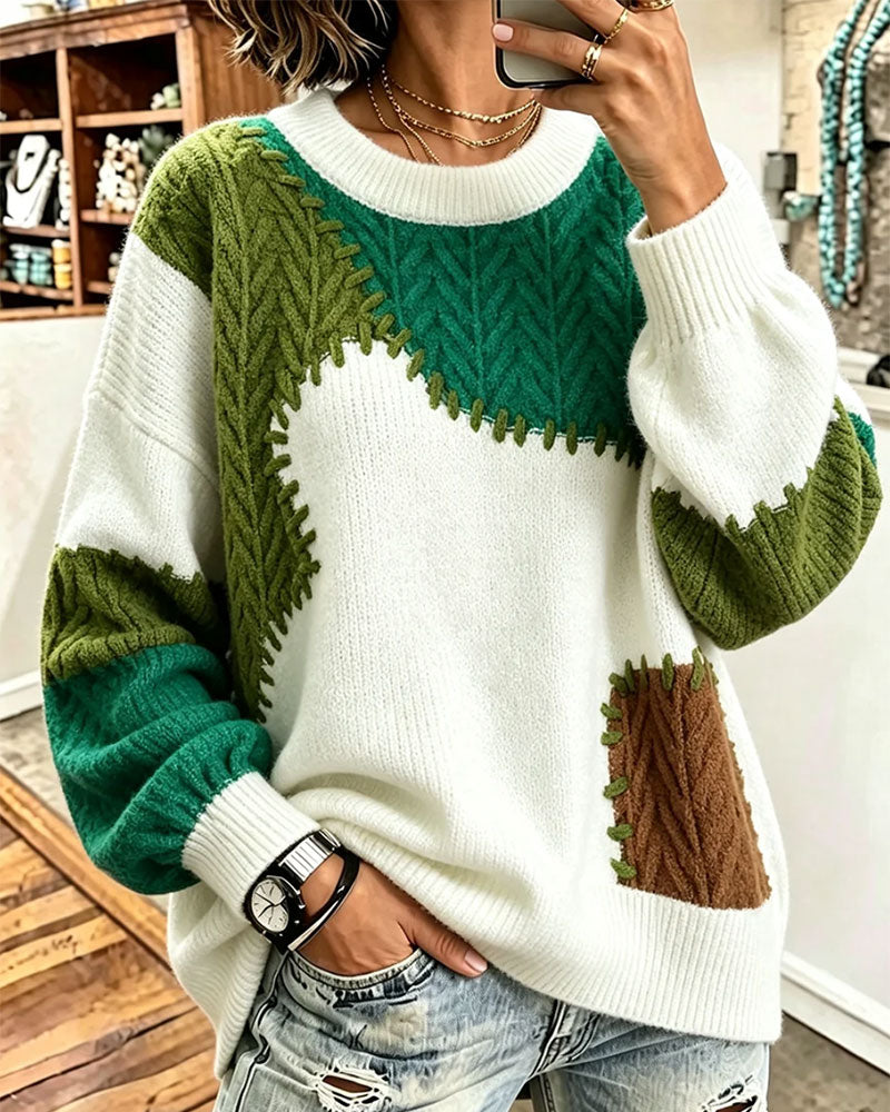 Pullover Col Rond Contrastant Épaule Tombante Patchwork