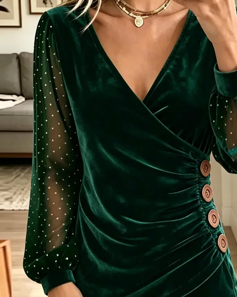 Chemisier Col V Bouton Polka Dot Asymétrique