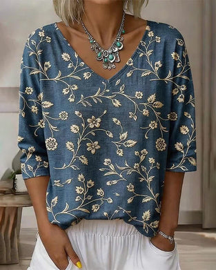 Blouse Col En V Demi-Manche Florale