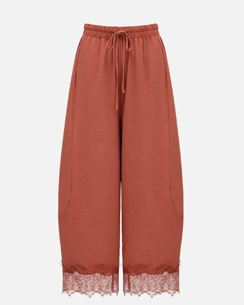 Pantalon Taille Élastique Panneau Dentelle Décontracté