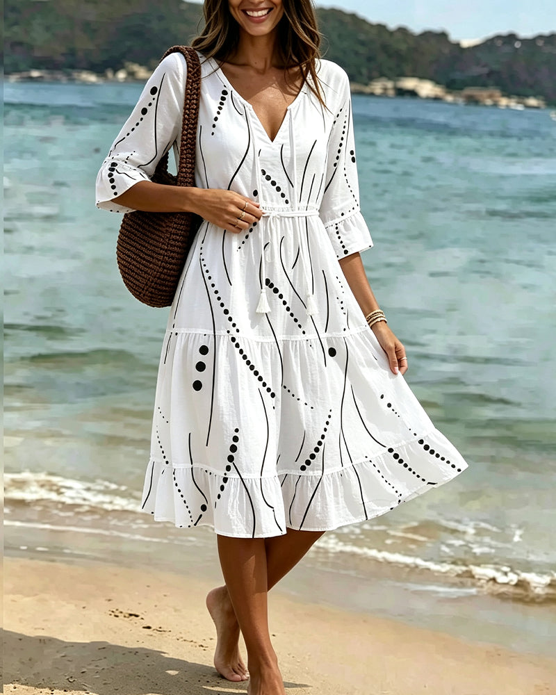 Robe Manches Volant Nœud Taille Pois A-Ligne