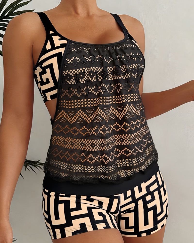 Tankini Dentelle Découpe Géométrique Imprimé