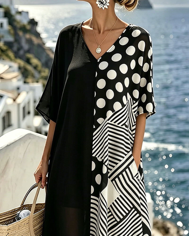 Robe Col V Polka Dot Rayure Patchwork