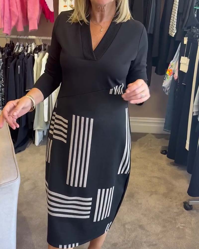 Robe Rayure Géométrique Col En V Bodycon Midi