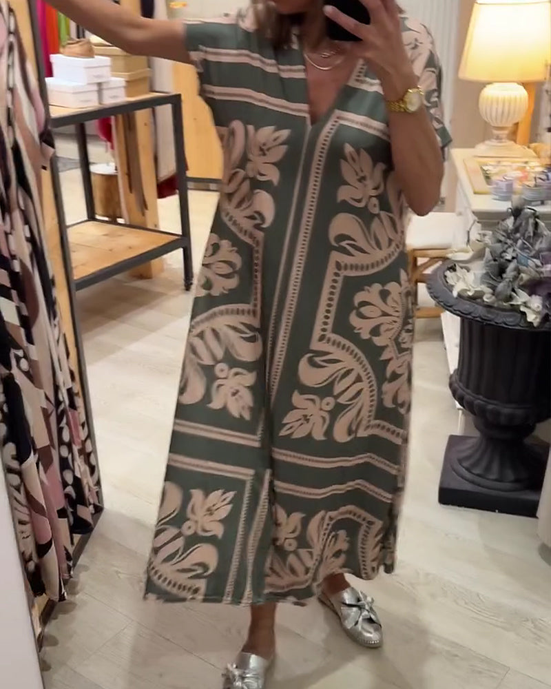 Robe Col En V Jupe Ample Manches Courtes