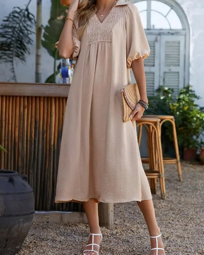 Robe Col V Rabat Manche Bouffante Maxi