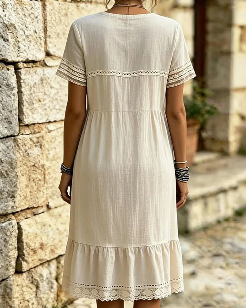Robe Dentelle Volant Col-Rond Manche-Courte