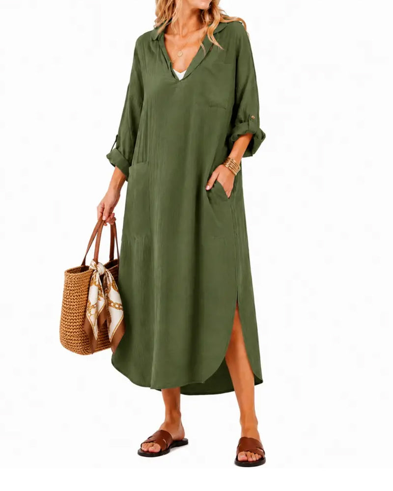 Robe Revers Col En V Poche Fente