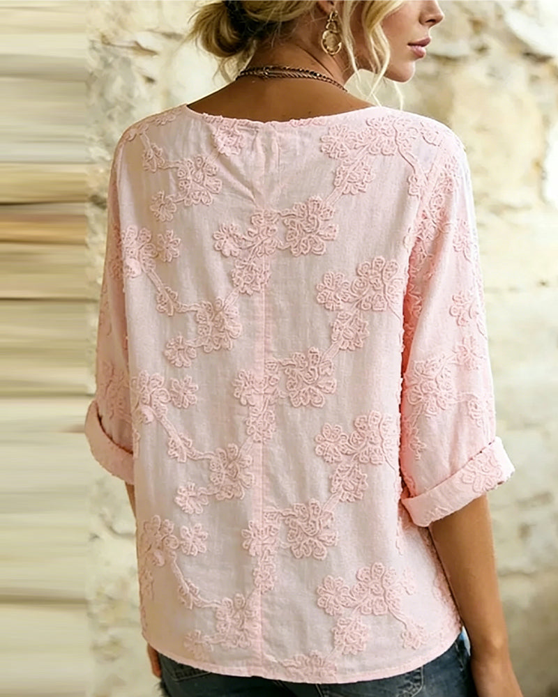 Blouse 100% Coton Col En V Imprimé Fleur Manche 3/4
