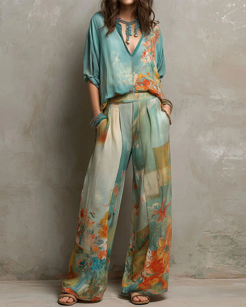 Ensemble Col V Chemisier Fleuri + Pantalon Jambe Droite