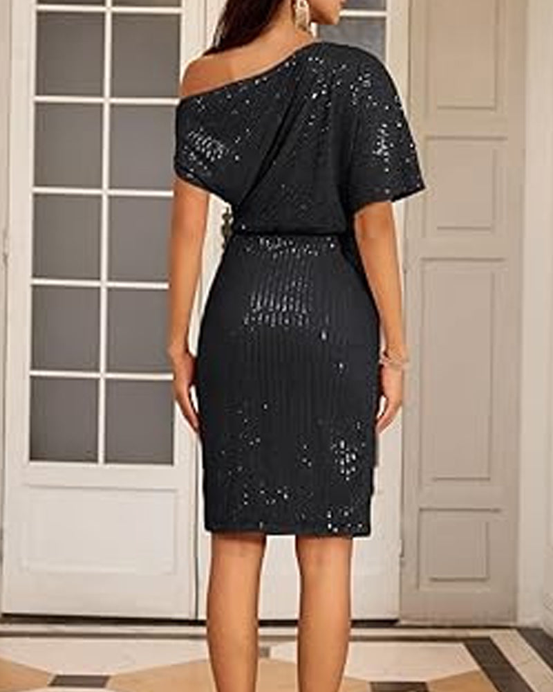 Robe élégante à paillettes avec col en V et épaules dénudées