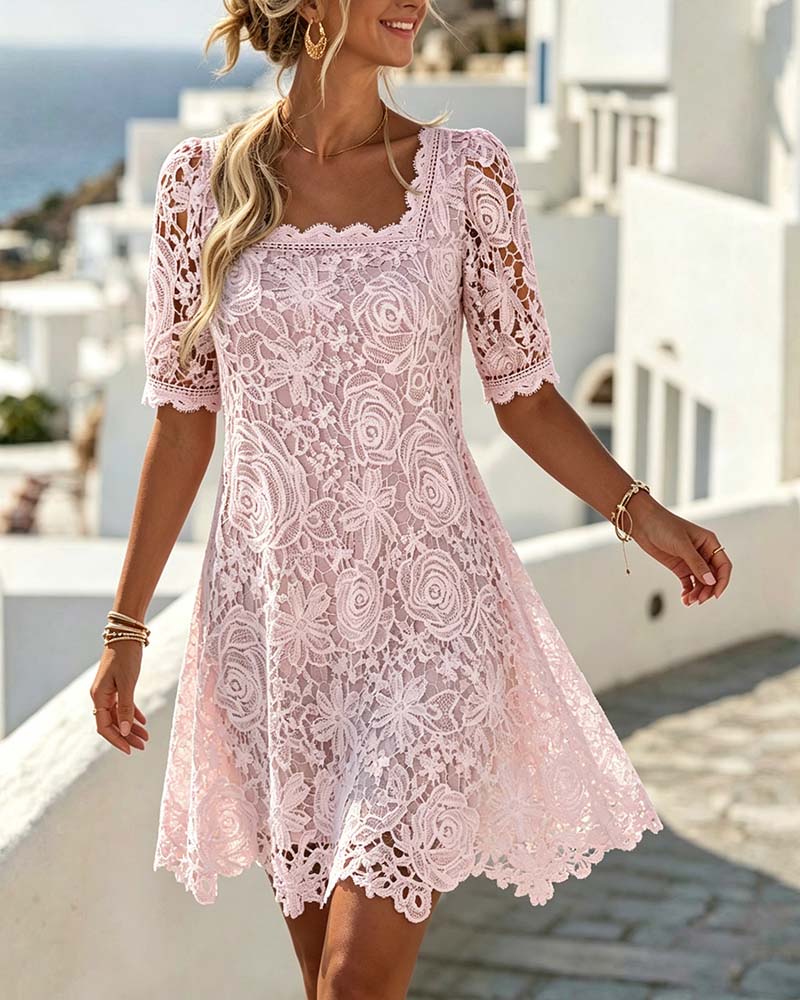 Robe Dentelle Patchwork Évidé Col Carré