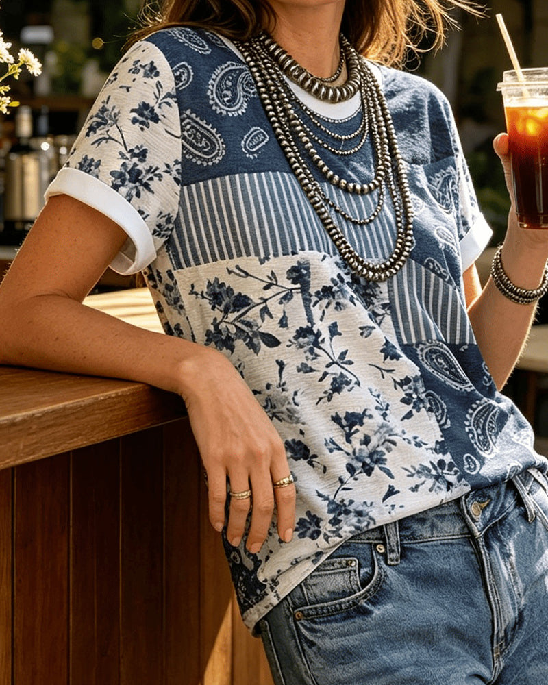T-Shirt Col Rond Irrégulier Floral