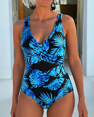 One-Piece Noir Fond Bleu Feuille Monstera Maillot De Bain