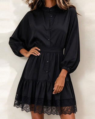 Robe Col Montant Manche Lanterne Dentelle Patchwork