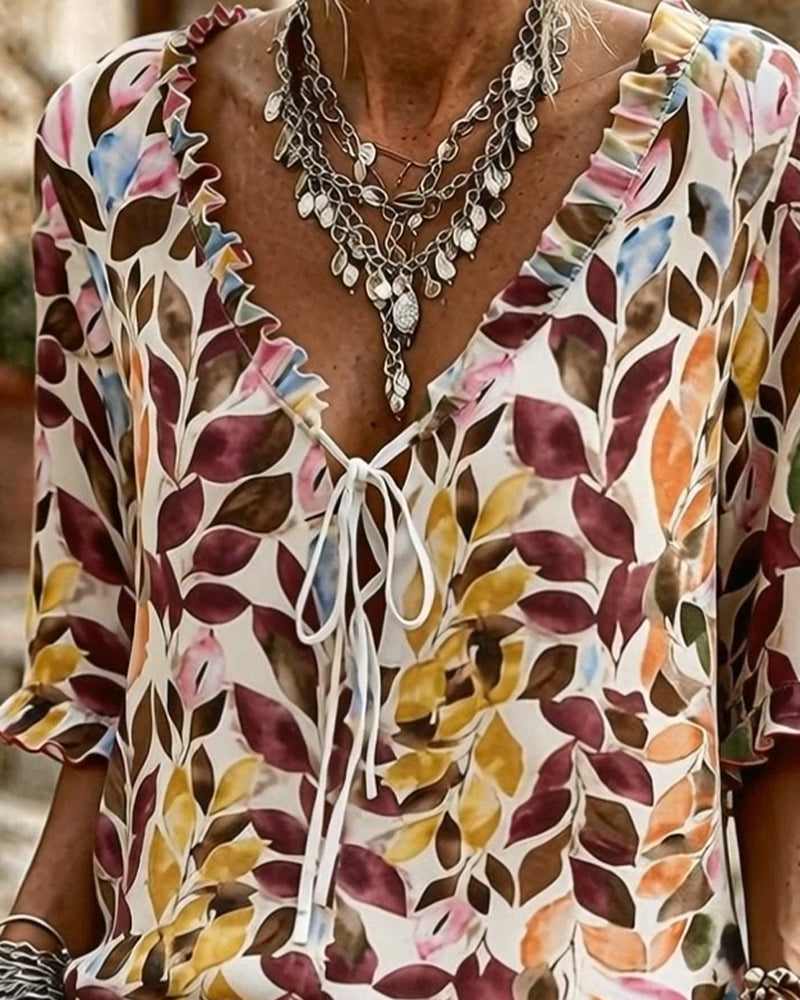 Blouse Décontractée Imprimée À Manches À Volants