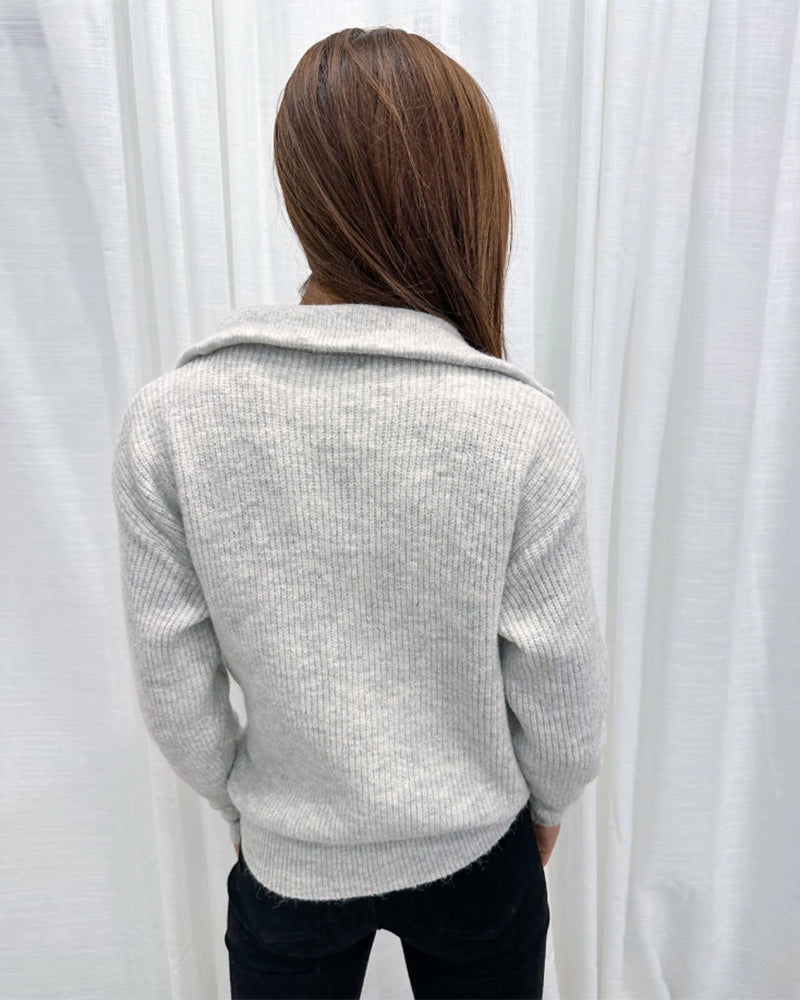 Pull décontracté de couleur unie avec fermeture éclair à revers