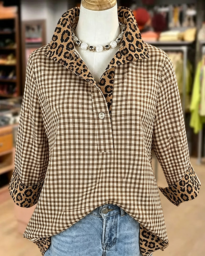 Blouse Revers Léopard Patchwork Carreau