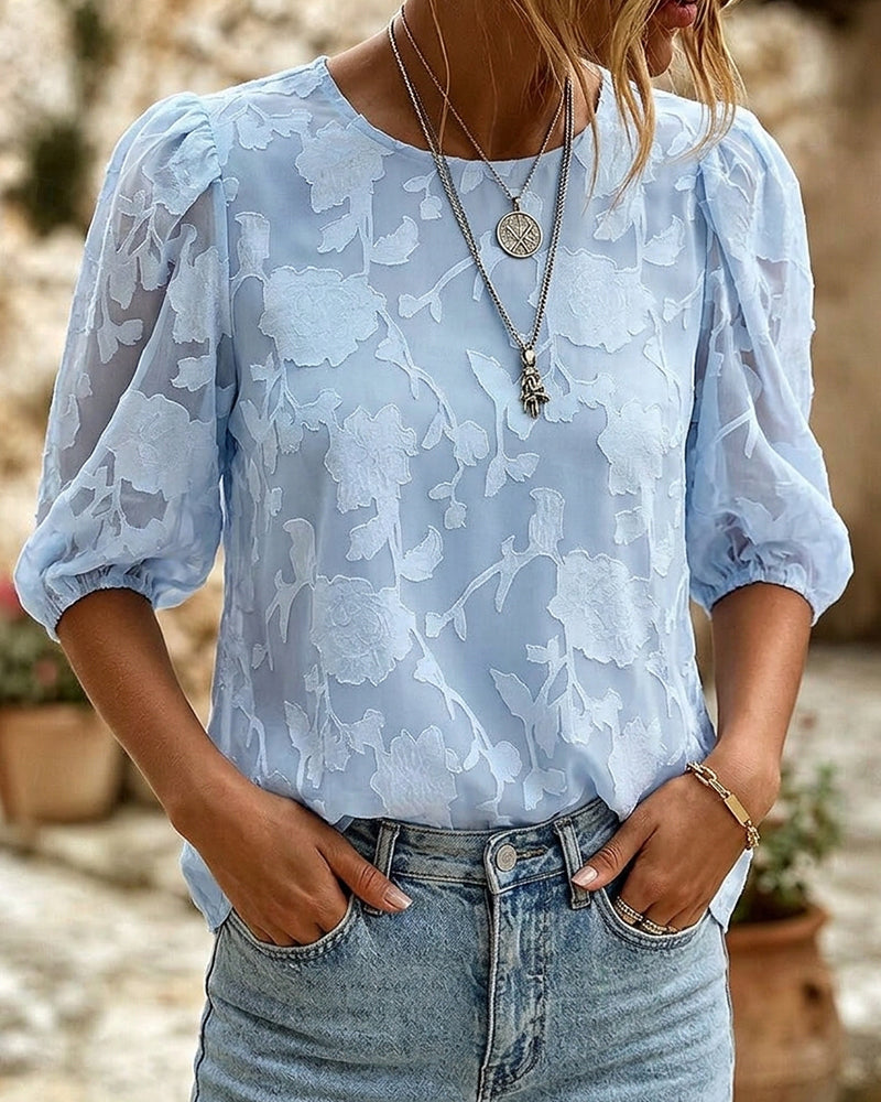 Blouse Col Rond À Manches Bouffantes