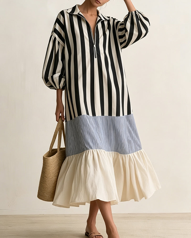 Robe Col Fermeture Éclair Rayé Bloc de Couleur Superposé