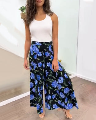 Pantalon large taille haute à imprimé floral