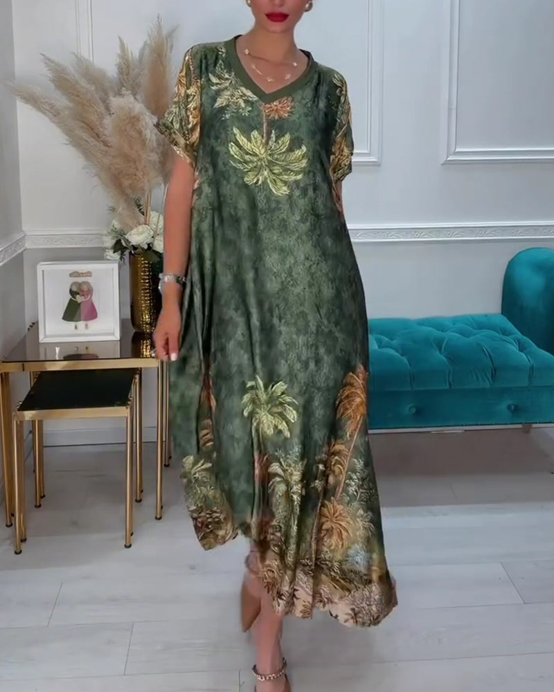 Robe Col En V Palmier Imprimé Manches Courtes Longue