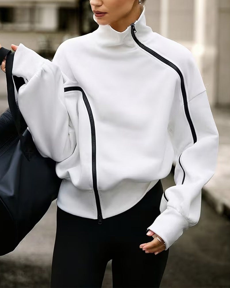 Sweatshirt Col Mock Fermeture Éclair Épaule Tombante Décontracté